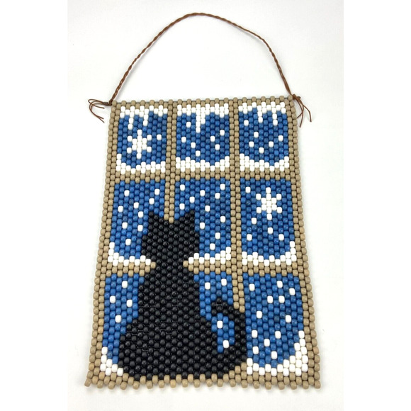 The Beadery Beaded Banner Kit Completed Cat in Snowy Winter Window Wall Hanging - Picture 1 of 3